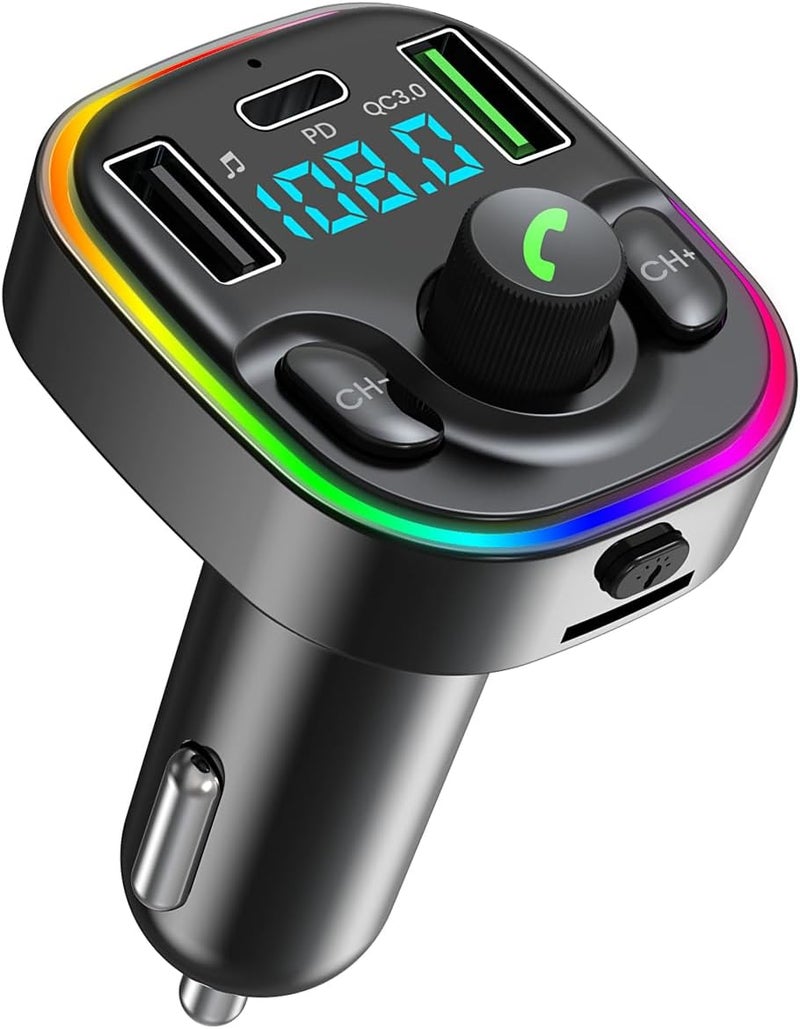 GXY KIT Bluetooth 5.4 FM Transmitter Car Adapter - Car Bluetooth Adapter with Fast Charger[PD 30W & QC3.0 18W],Hi-Fi Audio & Clear Calls,7 Colors LED Backlit - Image 1